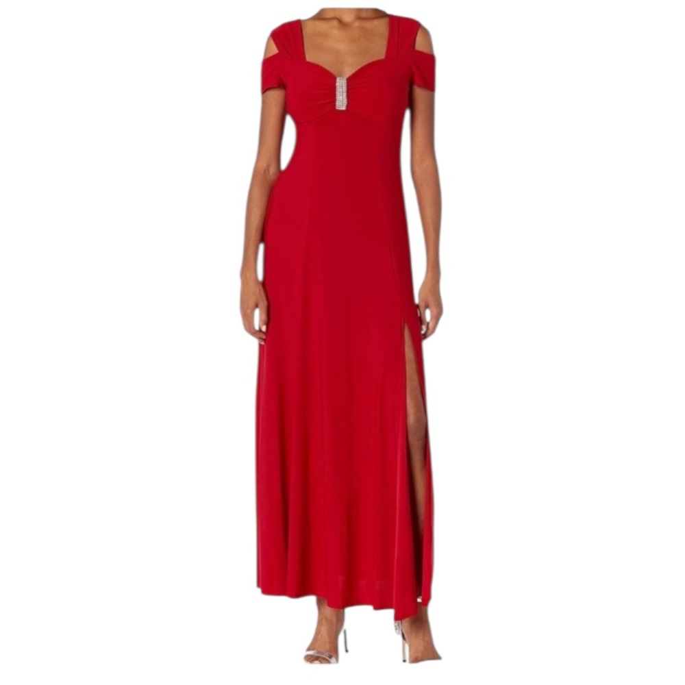 R&M Richards Gown Womens Size 12 Red Missy One Piece Cold Shoulder Long Dress